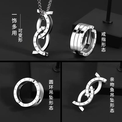 Titanium steel necklace, kiss fish ring necklace, two-in-one men's titanium pendant necklace, couple accessory, fashionable