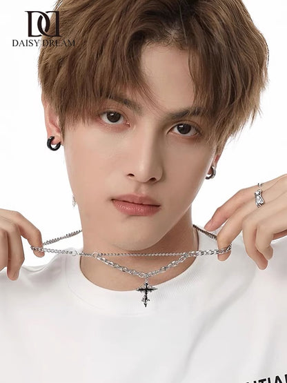 Titanium Steel Necklace Spring and Summer New Model [Melting Cross] Pendant Necklace Men's Trendy Accessory Small-scale Street Accessory