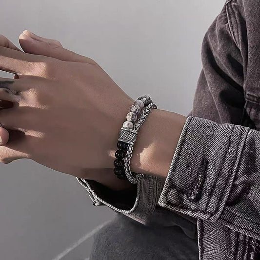 Titanium steel bracelet, rattlesnake double-layer bracelet, men's personalized bracelet, trendy double chain, color-matching beads, OT buckle, niche