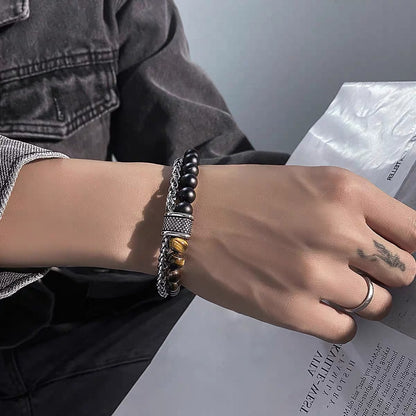 Titanium steel bracelet, rattlesnake double-layer bracelet, men's personalized bracelet, trendy double chain, color-matching beads, OT buckle, niche