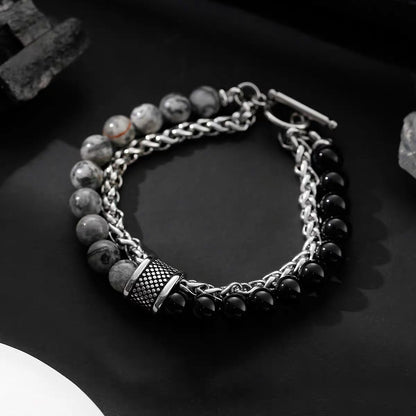 Titanium steel bracelet, rattlesnake double-layer bracelet, men's personalized bracelet, trendy double chain, color-matching beads, OT buckle, niche