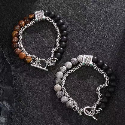 Titanium steel bracelet, rattlesnake double-layer bracelet, men's personalized bracelet, trendy double chain, color-matching beads, OT buckle, niche