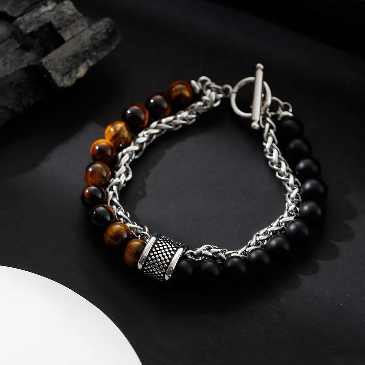 Titanium steel bracelet, rattlesnake double-layer bracelet, men's personalized bracelet, trendy double chain, color-matching beads, OT buckle, niche