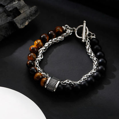 Titanium steel bracelet, rattlesnake double-layer bracelet, men's personalized bracelet, trendy double chain, color-matching beads, OT buckle, niche