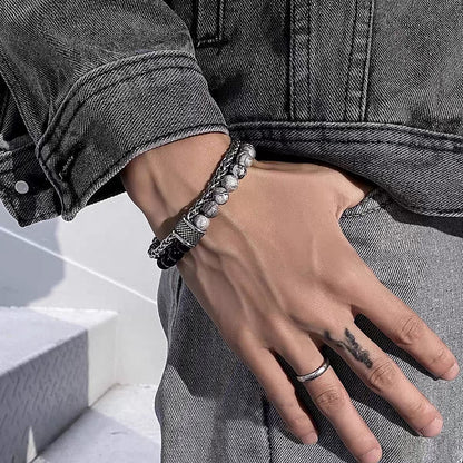 Titanium steel bracelet, rattlesnake double-layer bracelet, men's personalized bracelet, trendy double chain, color-matching beads, OT buckle, niche
