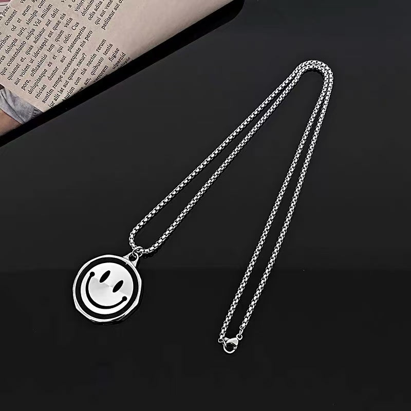 Titanium steel necklace, double-sided smiling face necklace for men, simple and fresh necklace, titanium pendant, couple accessory, student personality