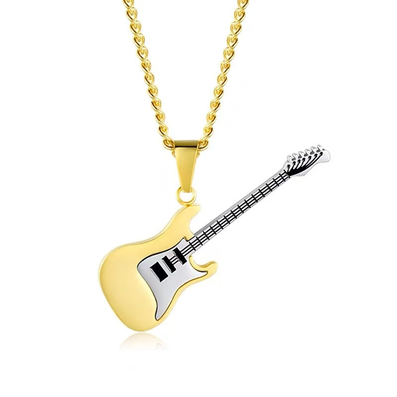 Titanium steel pendant, personalized guitar necklace, men's accessories, simple sweater chain, choker chain, simple luxury couple's jewelry