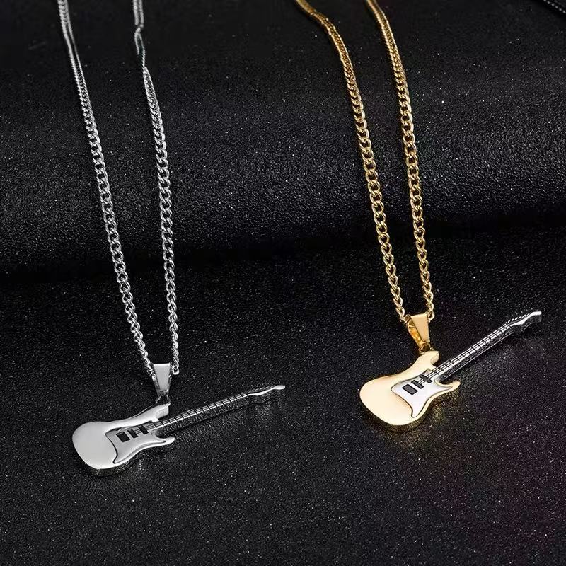 Titanium steel pendant, personalized guitar necklace, men's accessories, simple sweater chain, choker chain, simple luxury couple's jewelry