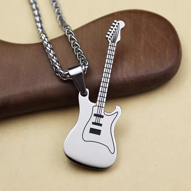 Titanium steel pendant, personalized guitar necklace, men's accessories, simple sweater chain, choker chain, simple luxury couple's jewelry