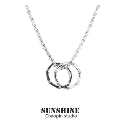 Titanium Steel Pendant, Round Bamboo Reflection Double-Ring Pendant Necklace, Men's Trendy Accessory, Unique Accessory, Fashion Jewelry