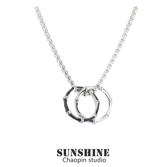 Titanium Steel Pendant, Round Bamboo Reflection Double-Ring Pendant Necklace, Men's Trendy Accessory, Unique Accessory, Fashion Jewelry