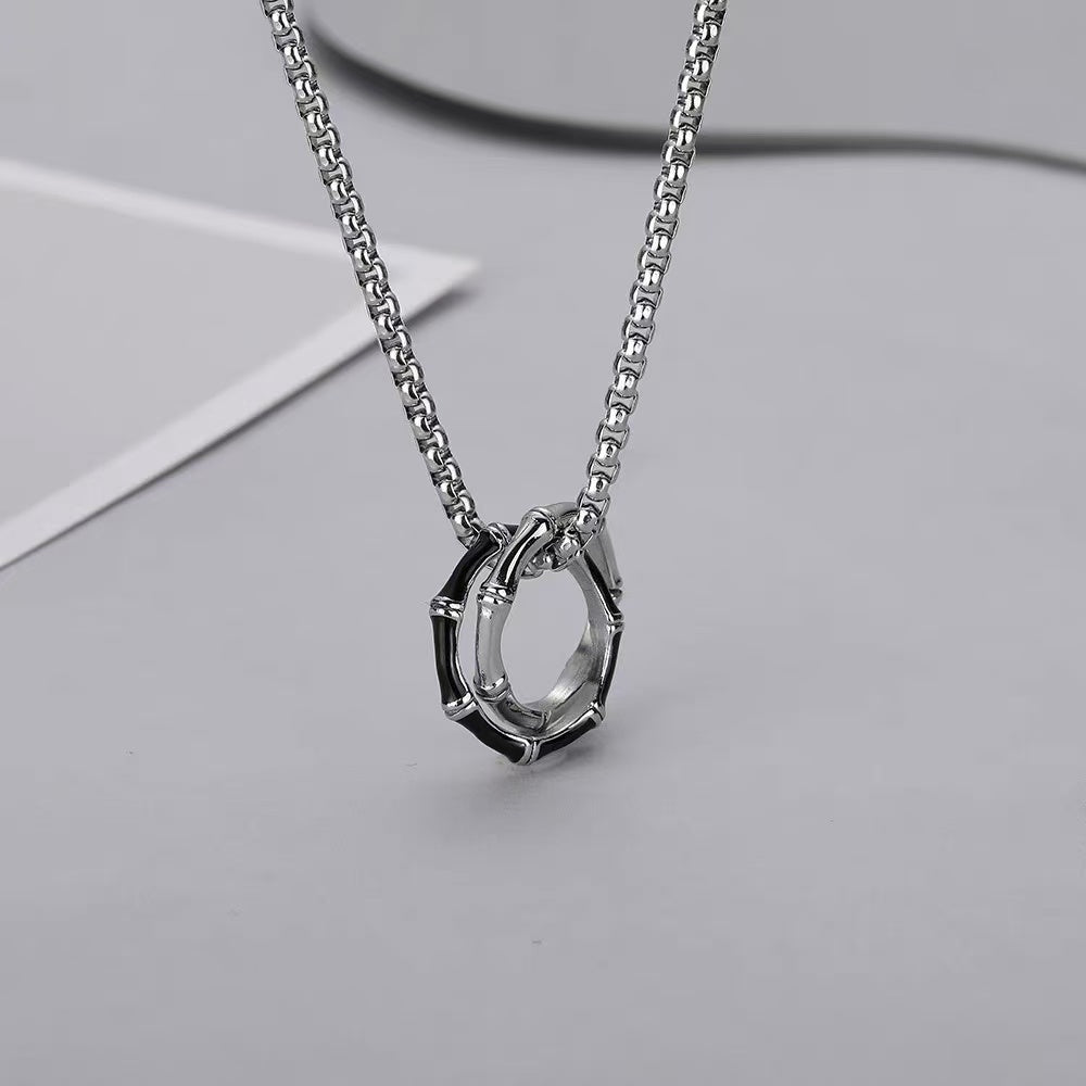 Titanium Steel Pendant, Round Bamboo Reflection Double-Ring Pendant Necklace, Men's Trendy Accessory, Unique Accessory, Fashion Jewelry