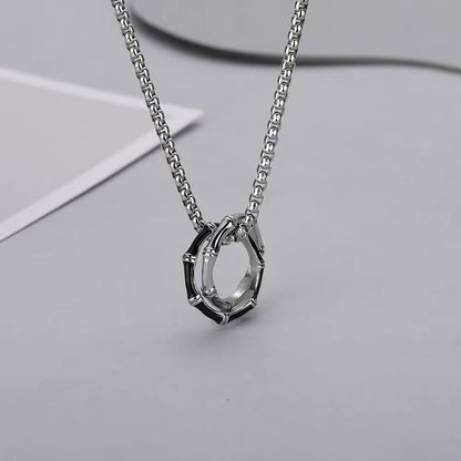 Titanium Steel Pendant, Round Bamboo Reflection Double-Ring Pendant Necklace, Men's Trendy Accessory, Unique Accessory, Fashion Jewelry