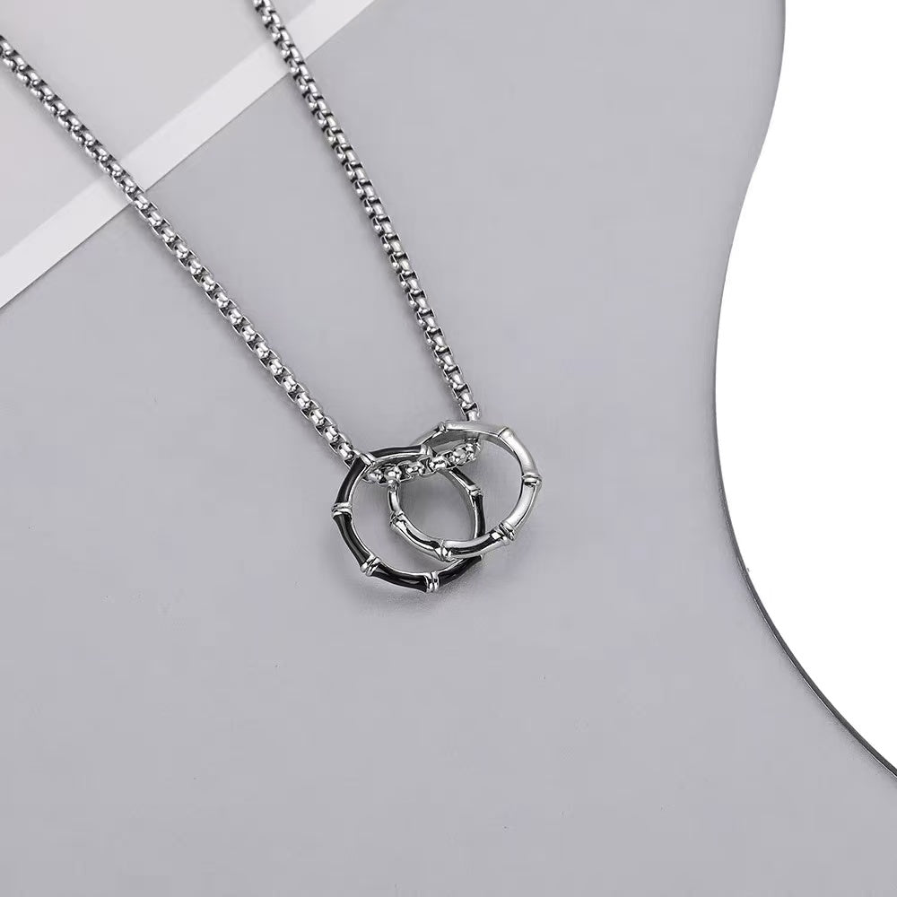 Titanium Steel Pendant, Round Bamboo Reflection Double-Ring Pendant Necklace, Men's Trendy Accessory, Unique Accessory, Fashion Jewelry
