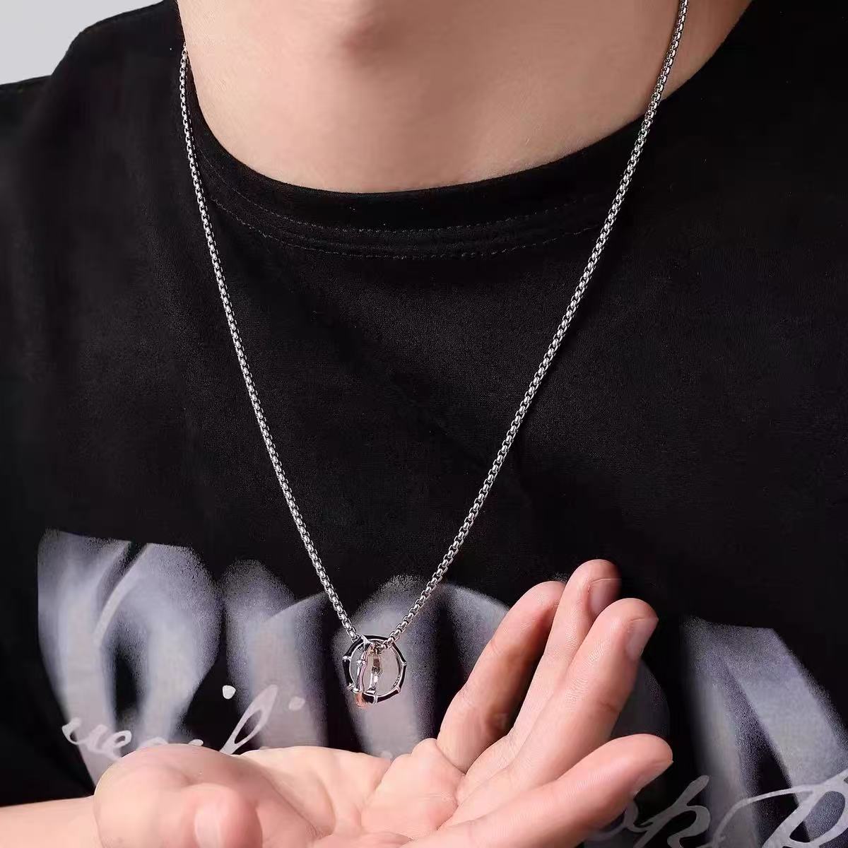 Titanium Steel Pendant, Round Bamboo Reflection Double-Ring Pendant Necklace, Men's Trendy Accessory, Unique Accessory, Fashion Jewelry