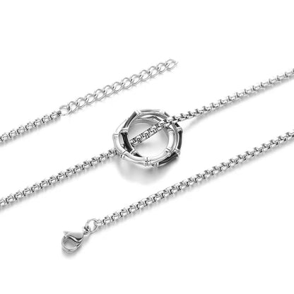 Titanium Steel Pendant, Round Bamboo Reflection Double-Ring Pendant Necklace, Men's Trendy Accessory, Unique Accessory, Fashion Jewelry