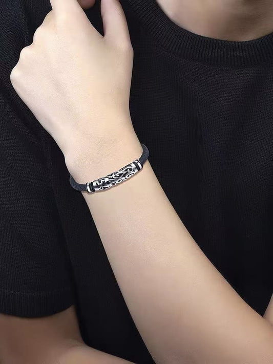Titanium-steel leather bracelet, vintage style, open-work leather wristband for men, woven titanium Viking-style bracelet