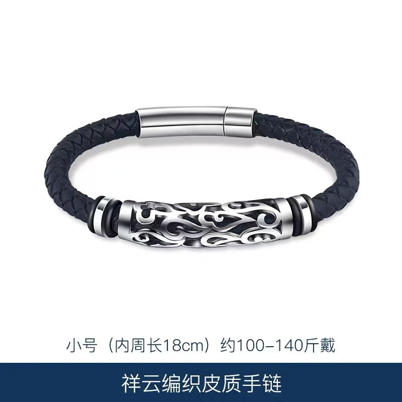 Titanium-steel leather bracelet, vintage style, open-work leather wristband for men, woven titanium Viking-style bracelet