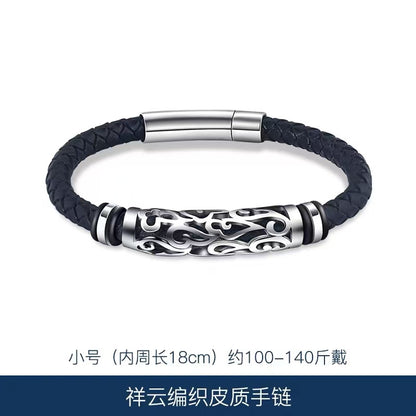 Titanium-steel leather bracelet, vintage style, open-work leather wristband for men, woven titanium Viking-style bracelet