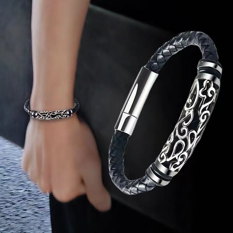 Titanium-steel leather bracelet, vintage style, open-work leather wristband for men, woven titanium Viking-style bracelet