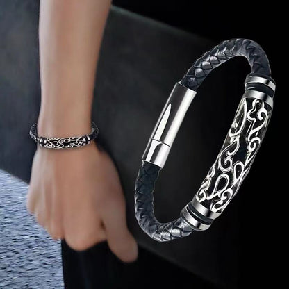 Titanium-steel leather bracelet, vintage style, open-work leather wristband for men, woven titanium Viking-style bracelet