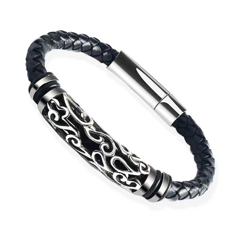 Titanium-steel leather bracelet, vintage style, open-work leather wristband for men, woven titanium Viking-style bracelet