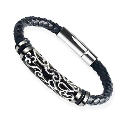 Titanium-steel leather bracelet, vintage style, open-work leather wristband for men, woven titanium Viking-style bracelet