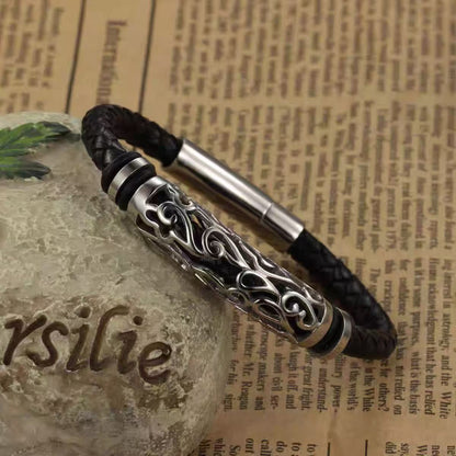 Titanium-steel leather bracelet, vintage style, open-work leather wristband for men, woven titanium Viking-style bracelet