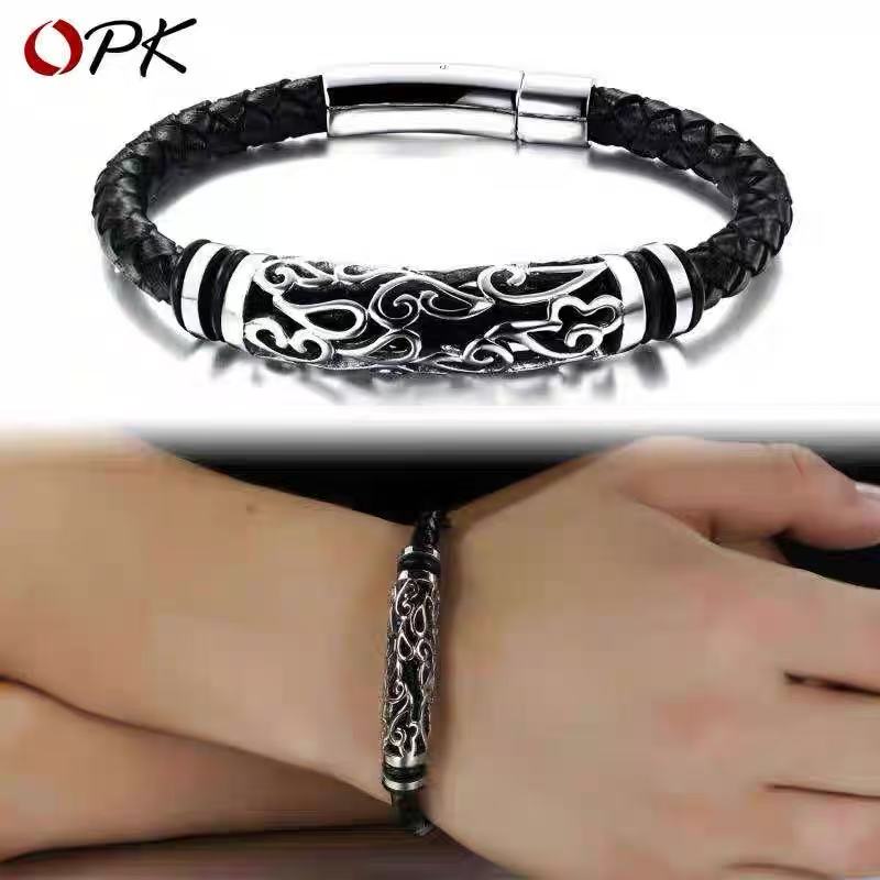 Titanium-steel leather bracelet, vintage style, open-work leather wristband for men, woven titanium Viking-style bracelet