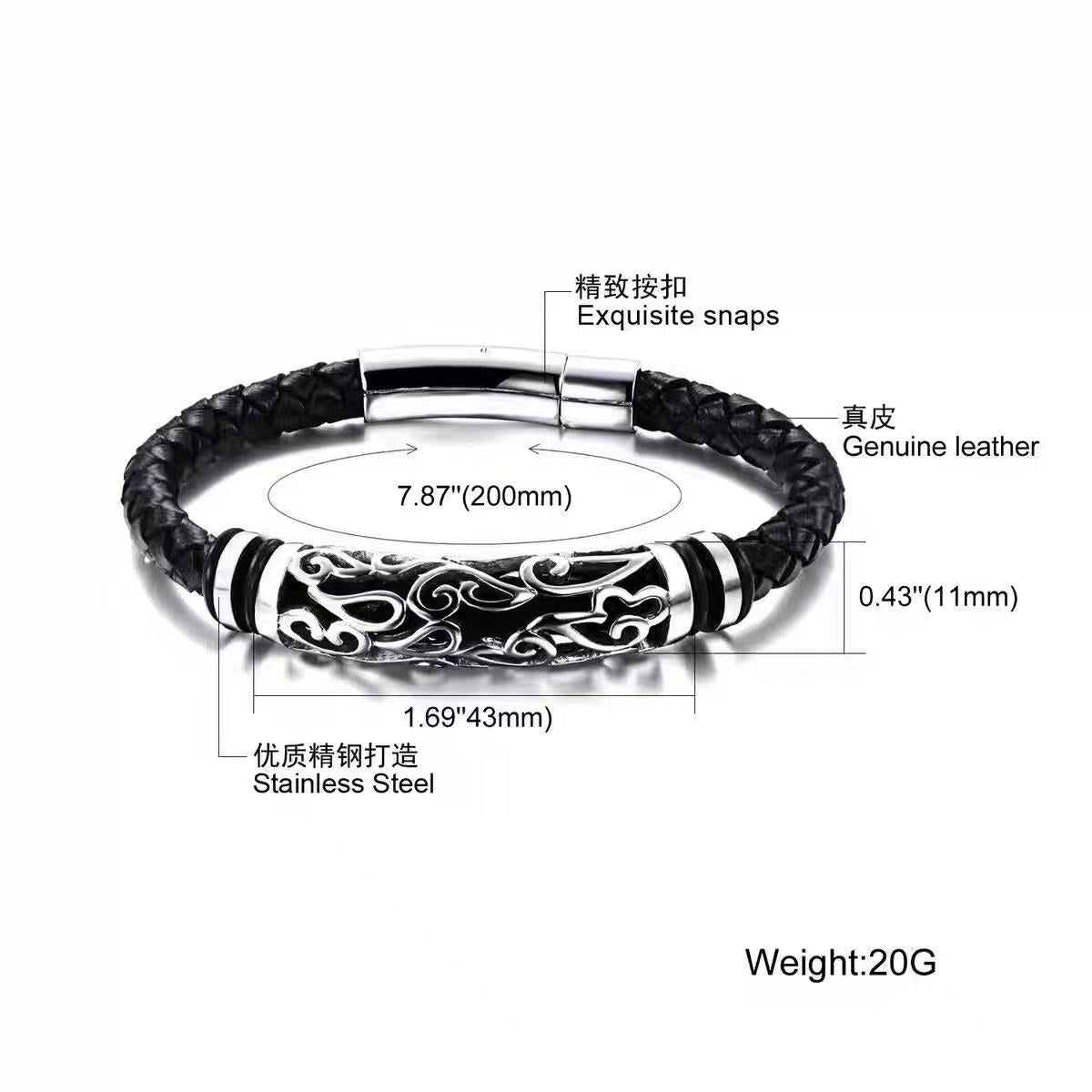 Titanium-steel leather bracelet, vintage style, open-work leather wristband for men, woven titanium Viking-style bracelet