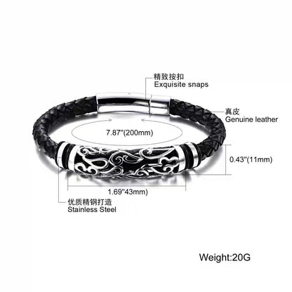Titanium-steel leather bracelet, vintage style, open-work leather wristband for men, woven titanium Viking-style bracelet