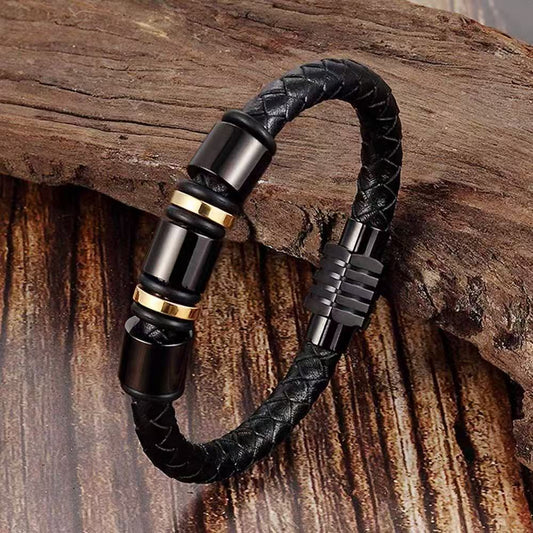 Titanium steel leather bracelet, trendy handmade woven wristband for men and women, stainless steel black bracelet, matching pair of titanium steel bracelets