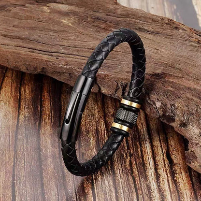 Titanium steel leather bracelet, trendy handmade woven wristband for men and women, stainless steel black bracelet, matching pair of titanium steel bracelets