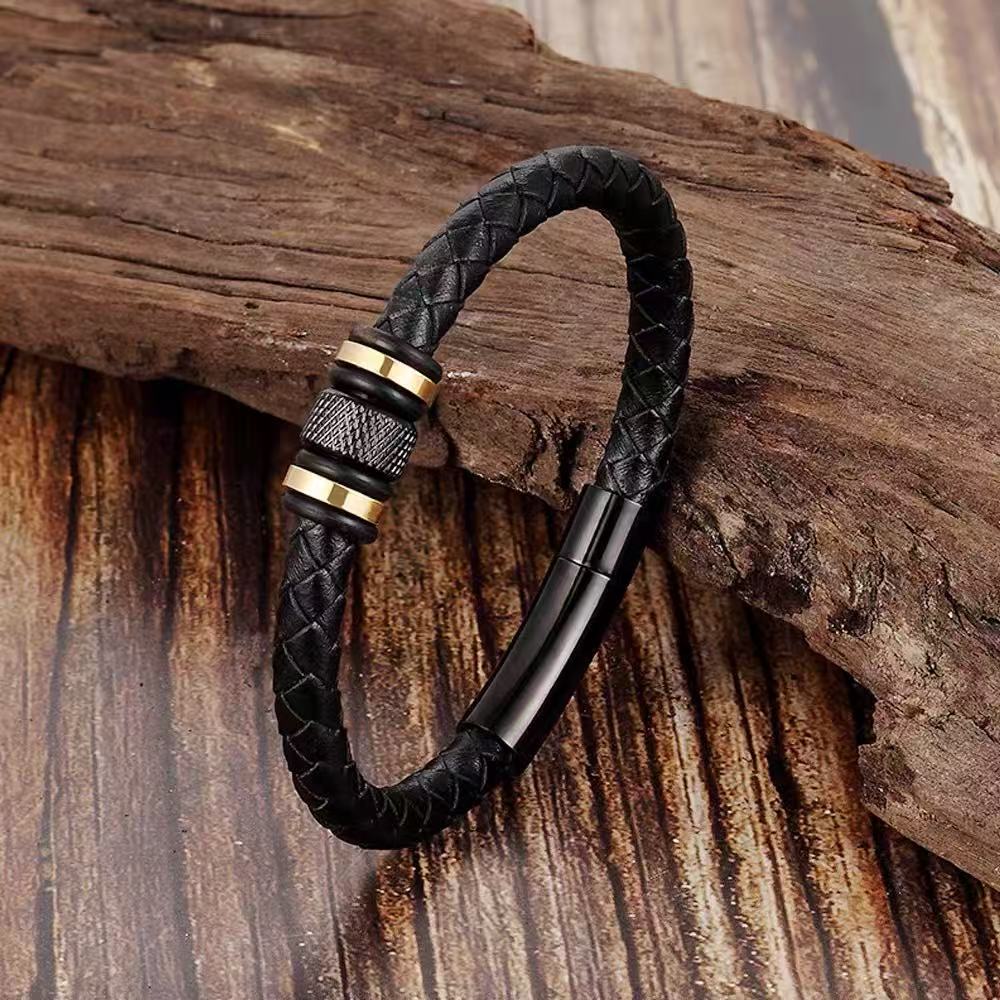 Titanium steel leather bracelet, trendy handmade woven wristband for men and women, stainless steel black bracelet, matching pair of titanium steel bracelets
