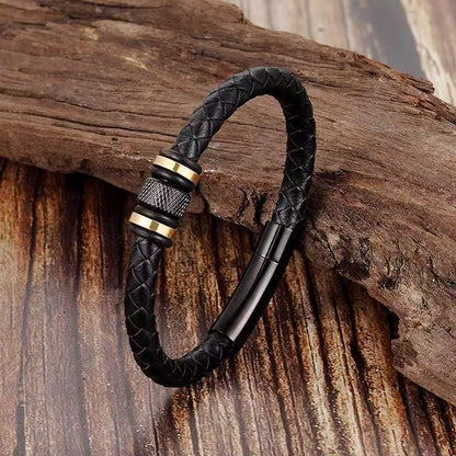 Titanium steel leather bracelet, trendy handmade woven wristband for men and women, stainless steel black bracelet, matching pair of titanium steel bracelets