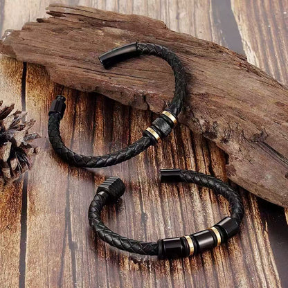 Titanium steel leather bracelet, trendy handmade woven wristband for men and women, stainless steel black bracelet, matching pair of titanium steel bracelets