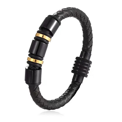 Titanium steel leather bracelet, trendy handmade woven wristband for men and women, stainless steel black bracelet, matching pair of titanium steel bracelets