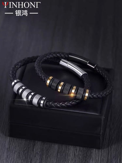 Titanium steel leather bracelet, trendy handmade woven wristband for men and women, stainless steel black bracelet, matching pair of titanium steel bracelets