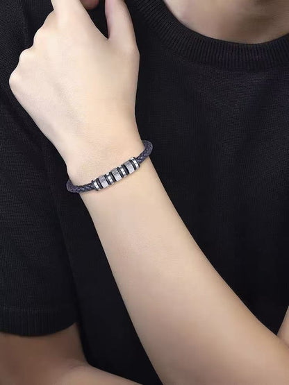 Titanium steel leather bracelet, trendy handmade woven wristband for men and women, stainless steel black bracelet, matching pair of titanium steel bracelets