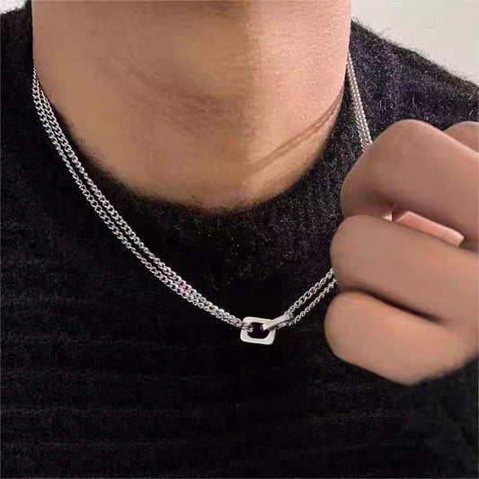Titanium steel necklace, niche, double layer necklace, perfect for couples, versatile, fashionable, minimalist, distinctive, urban street style, patchwork design.