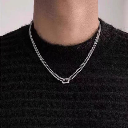 Titanium steel necklace, niche, double layer necklace, perfect for couples, versatile, fashionable, minimalist, distinctive, urban street style, patchwork design.