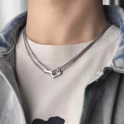 Titanium steel necklace, niche, double layer necklace, perfect for couples, versatile, fashionable, minimalist, distinctive, urban street style, patchwork design.