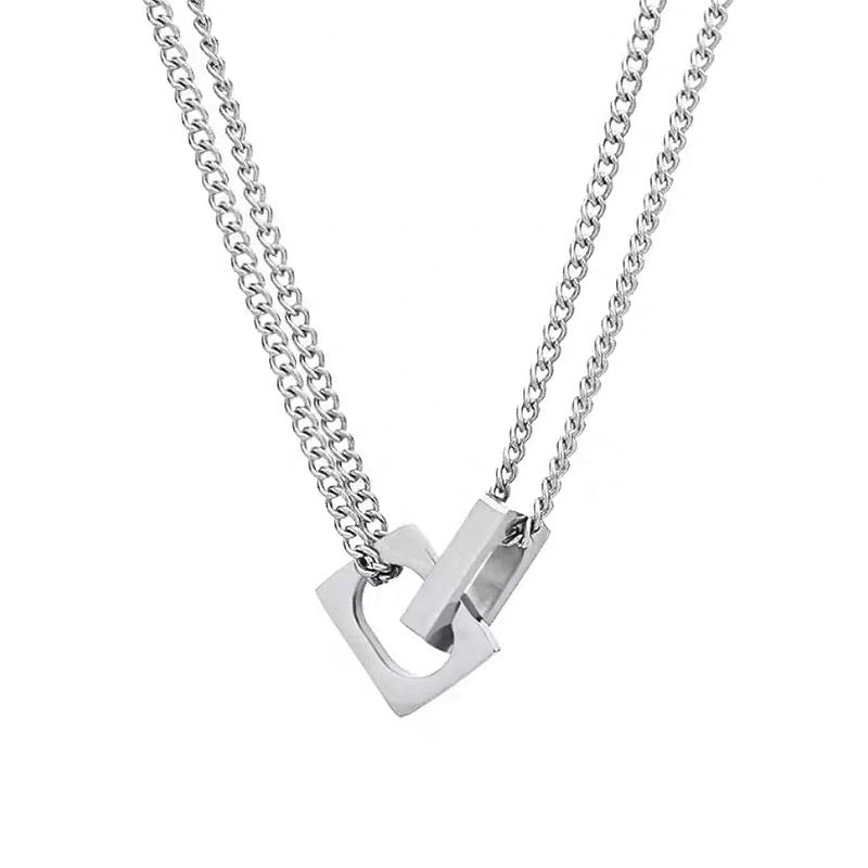 Titanium steel necklace, niche, double layer necklace, perfect for couples, versatile, fashionable, minimalist, distinctive, urban street style, patchwork design.