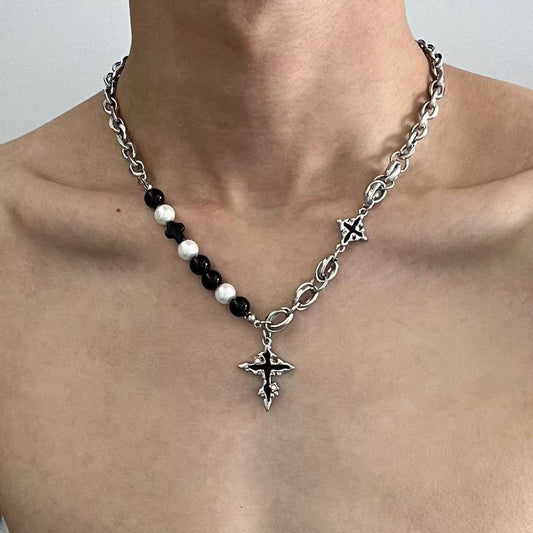 Titanium steel necklace, melted cross necklace for men, versatile, sophisticated, black, short chain, hip-hop, niche accessory