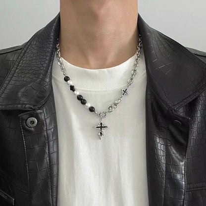 Titanium steel necklace, melted cross necklace for men, versatile, sophisticated, black, short chain, hip-hop, niche accessory