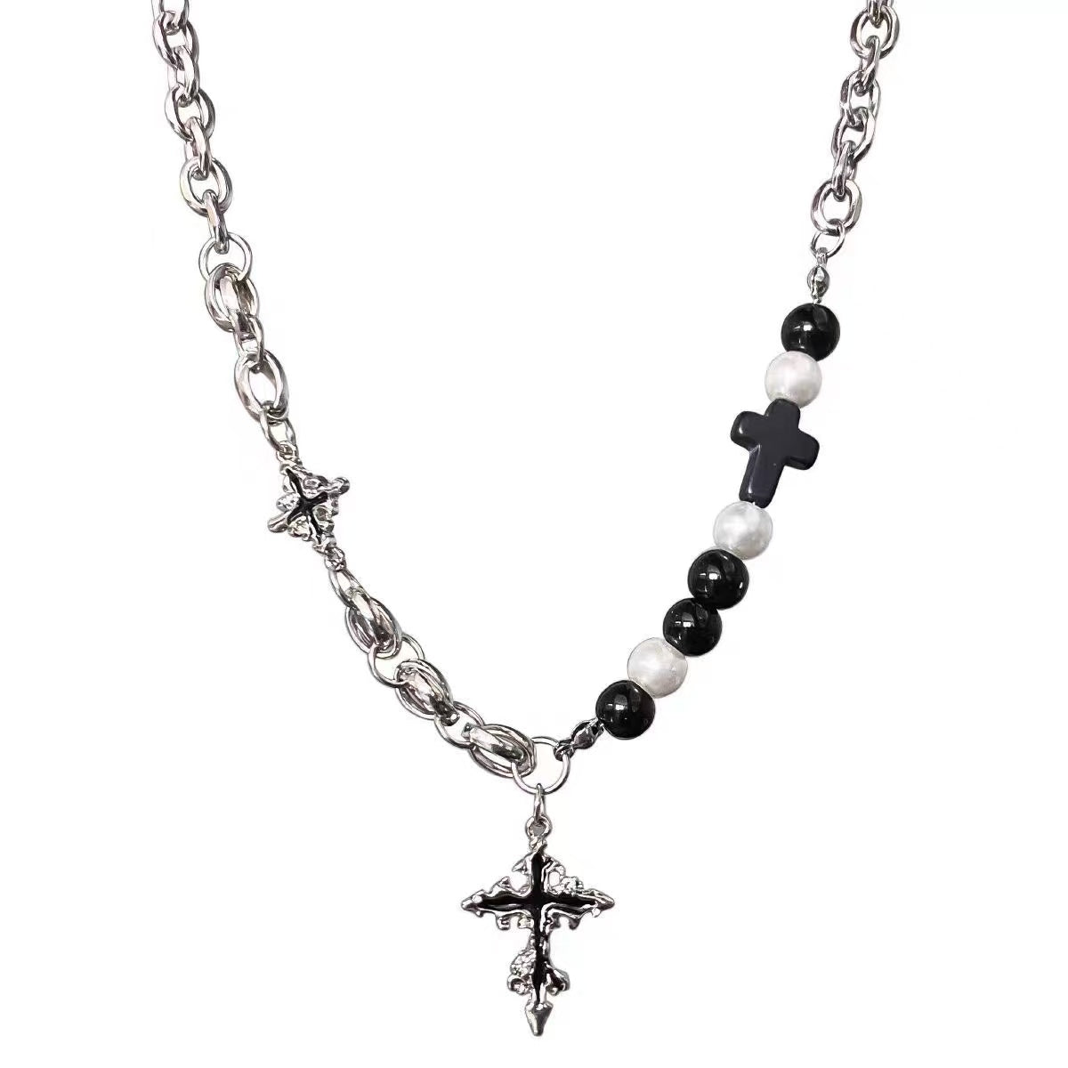 Titanium steel necklace, melted cross necklace for men, versatile, sophisticated, black, short chain, hip-hop, niche accessory