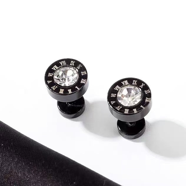 Titanium-steel moissanite earrings, black Roman numeral zircon earrings, sophisticated and understated, perfect for men, versatile, and exuding a sense of high-end quality.