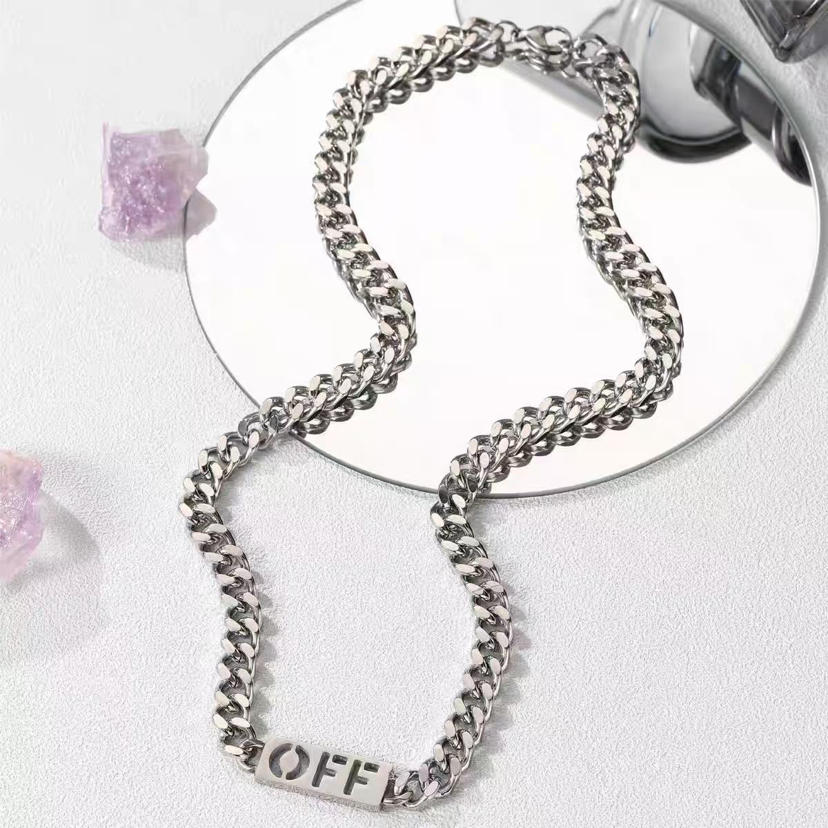 Titanium steel necklace, OFF letter necklace for men, trendy and small-scale, collar chain, simple and versatile, Cuban chain, layered necklace
