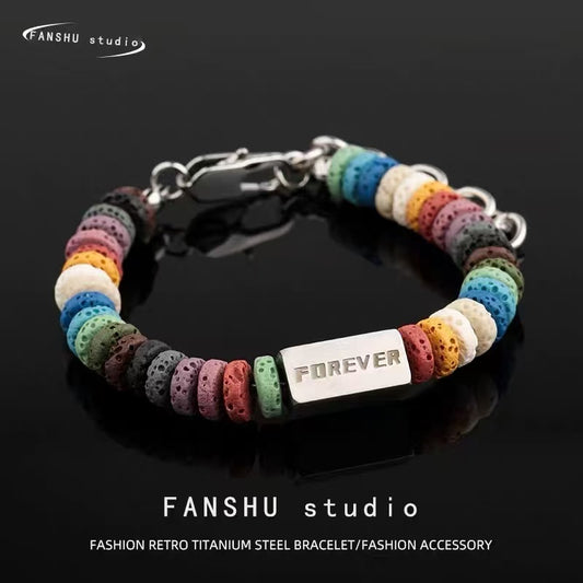 Titanium Steel Bracelet [Rainbow Stone] Handmade Fashion Couple's Bracelet, Colorful and Unique Accessory for Men, Niche Jewelry
