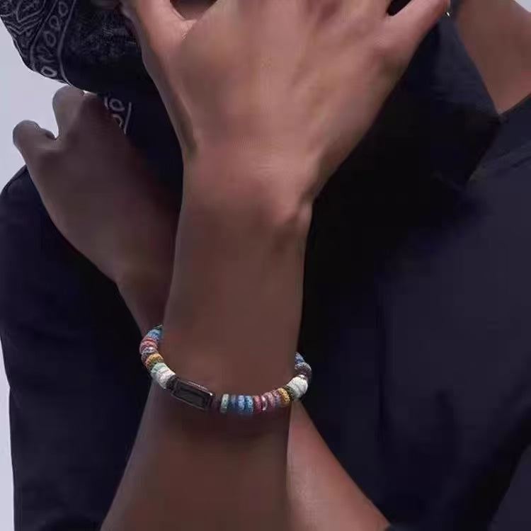 Titanium Steel Bracelet [Rainbow Stone] Handmade Fashion Couple's Bracelet, Colorful and Unique Accessory for Men, Niche Jewelry